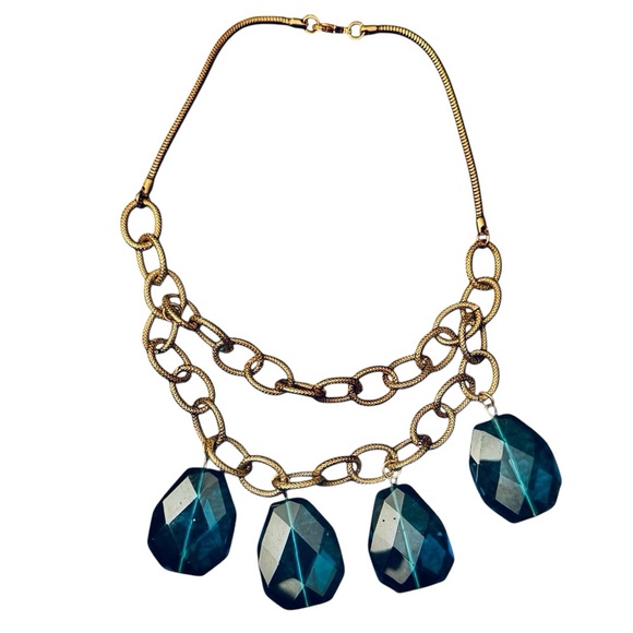 Gold Chunky Chain Necklace Large Teal Faceted Pendants Bold Layered Bib Style - Picture 3 of 6